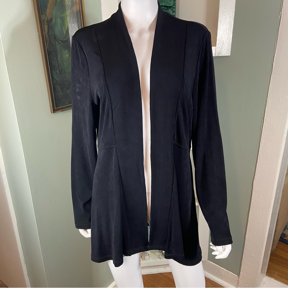 Chico's Sz 2 Classic Black Open-Front Acetate Cardigan Midi Duster Jacket Large